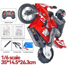 Red toy motorcycle with remote control, user manual, and accessories.
