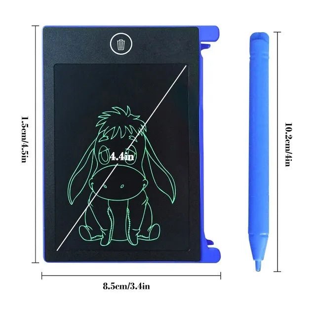 Small electronic drawing pad with blue stylus and dimensions displayed