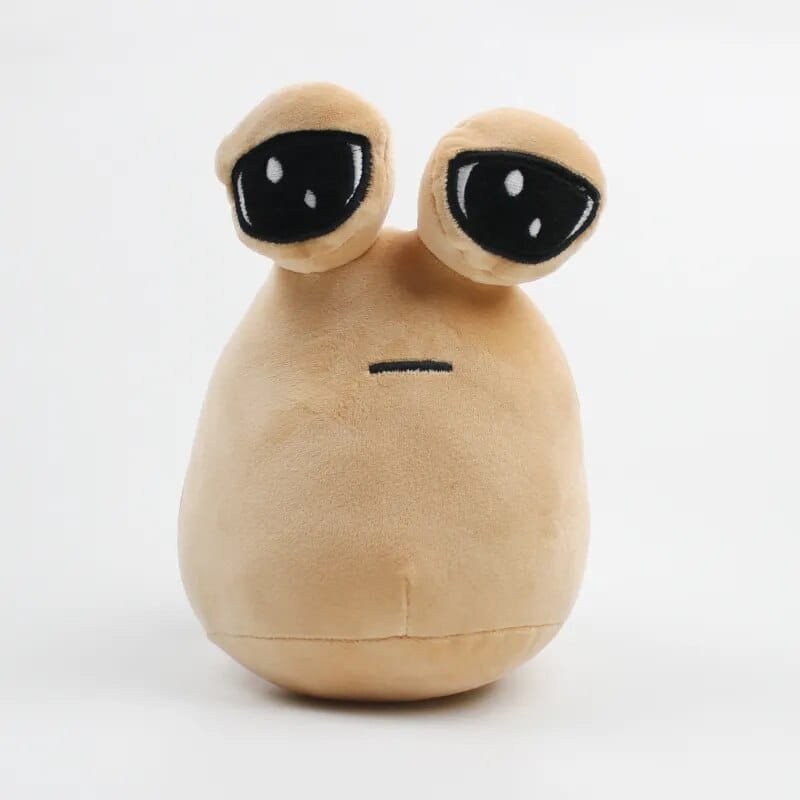 Beige alien Pou plush toy with large eyes as a cuddle companion for toddlers at nap time and on travel days.