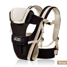 Beige and black 4-in-1 baby carrier with adjustable straps for everyday babywearing and travel.