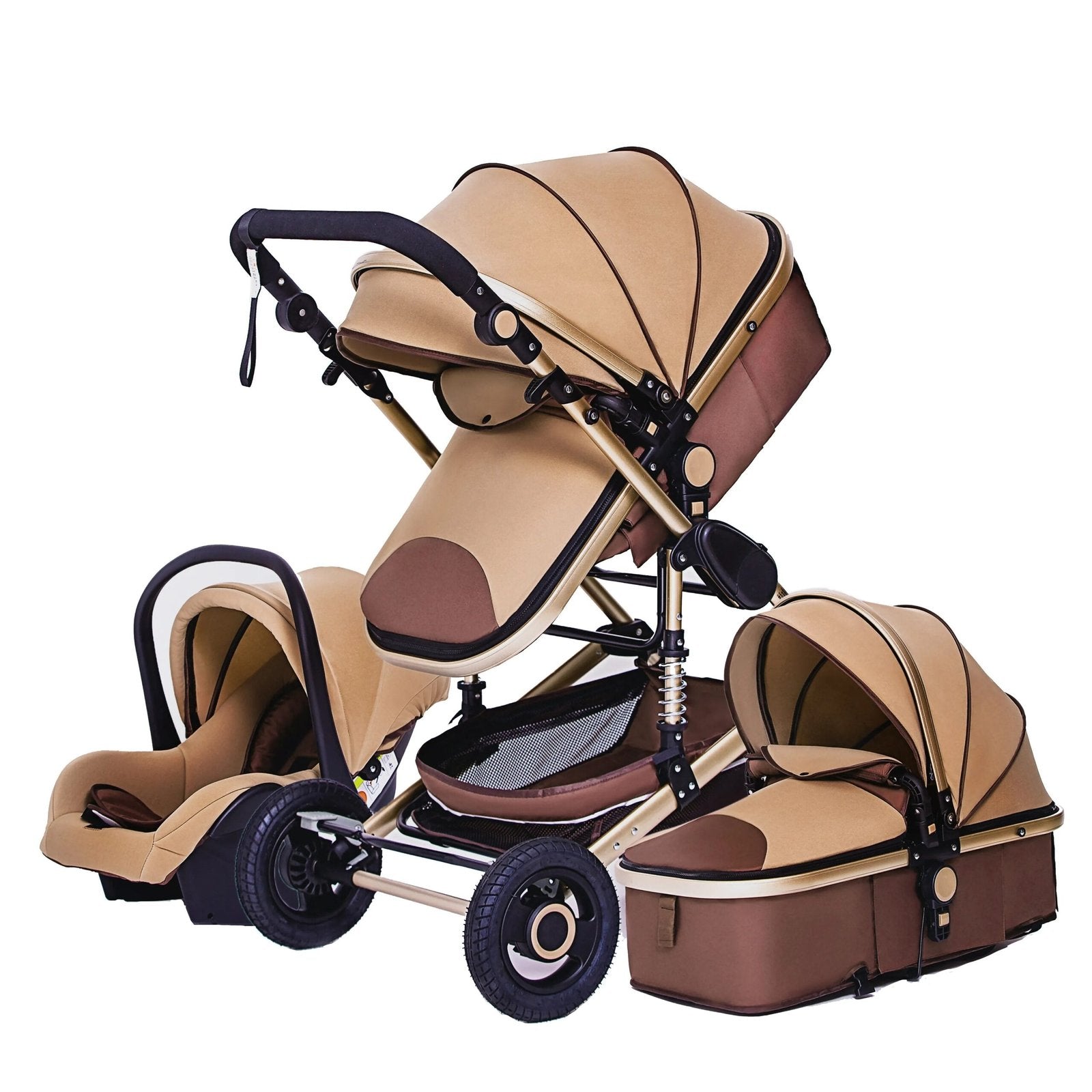 Beige and brown 3-in-1 baby stroller with canopy shown in folding position.
