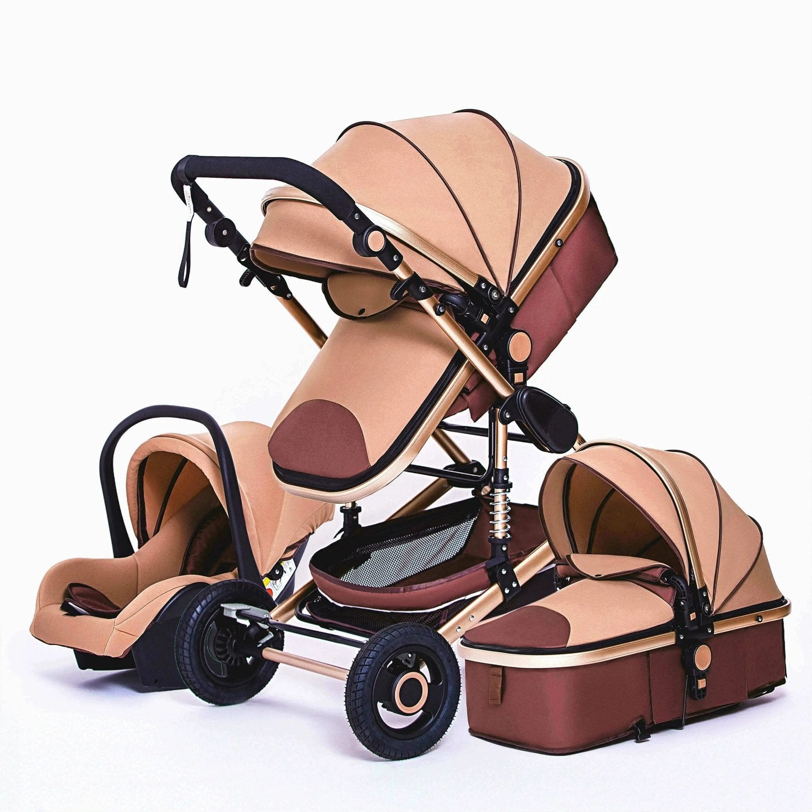 Beige and brown luxury 3-in-1 baby stroller in foldable pram mode for daily walks.