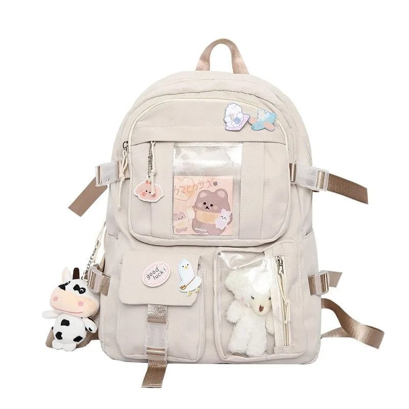 Beige girls high school backpack in a neutral tone, a daily book bag for teens at school and college.