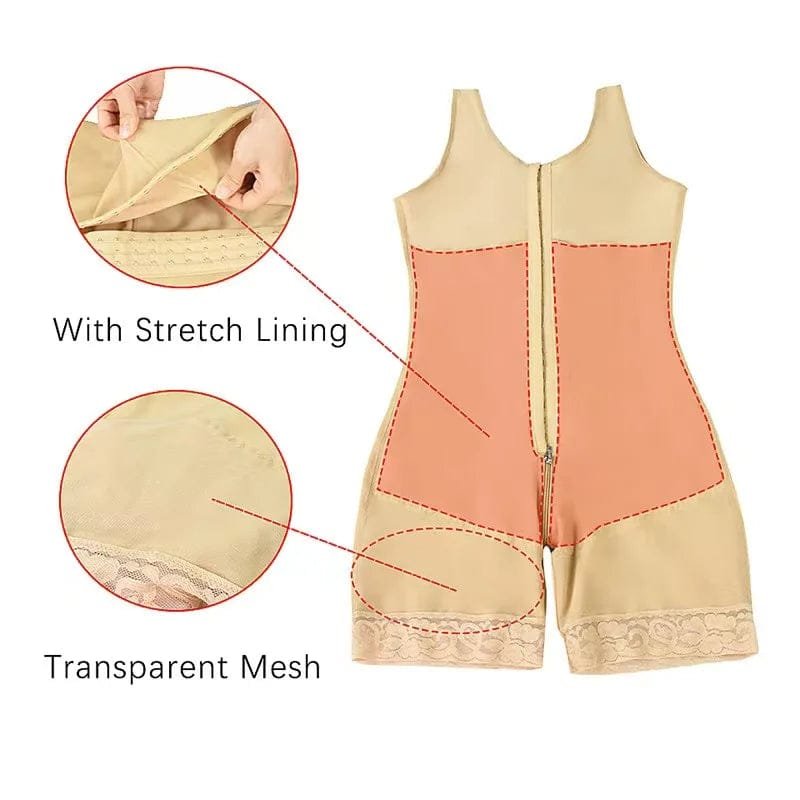 Beige and pink postpartum BBL bodysuit with stretch lining and mesh detailing for daily wear support.