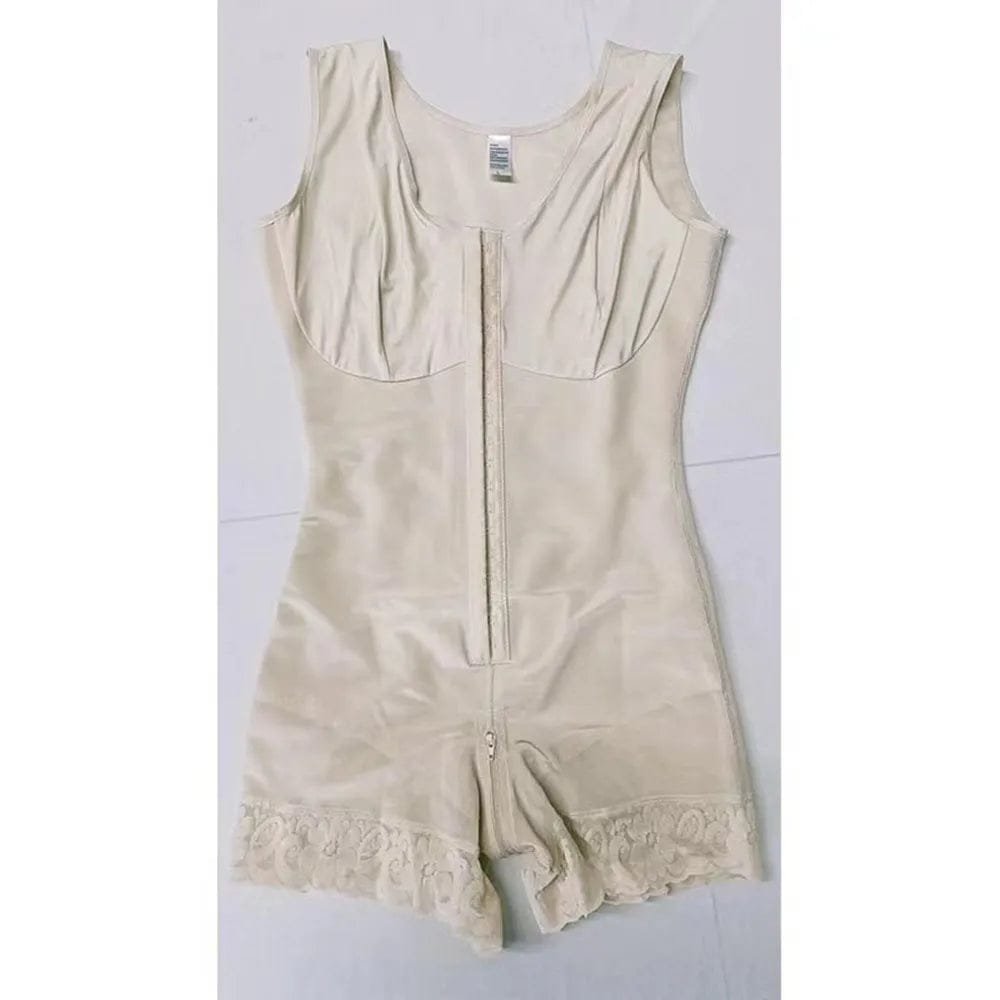 Beige postpartum BBL bodysuit shown flat to display the full slimming corset silhouette.