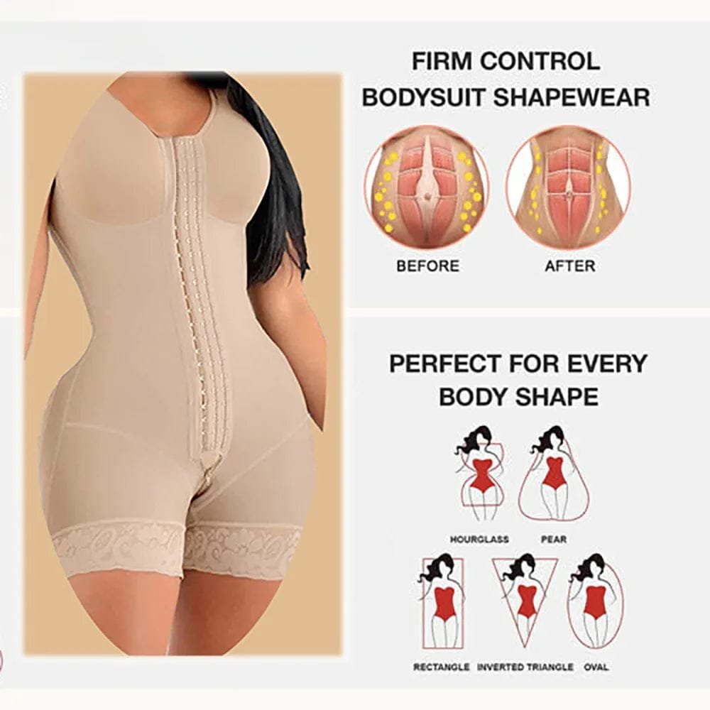 Beige postpartum BBL bodysuit shapewear shown with before and after effects for body slimming wear.