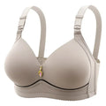 Beige wirefree breathable glossy bra with a decorative clasp, designed for full-figure everyday comfort.