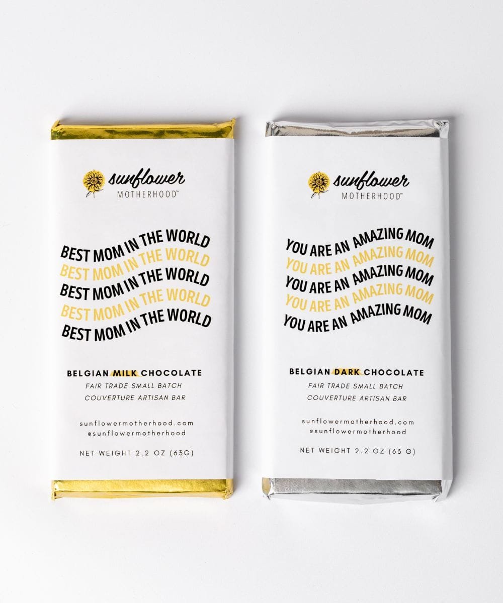 Two chocolate bars with 'Sunflower Motherhood' packaging.