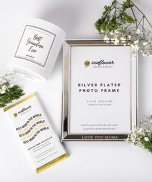 Silver-plated photo frame with packaging and decorative elements 