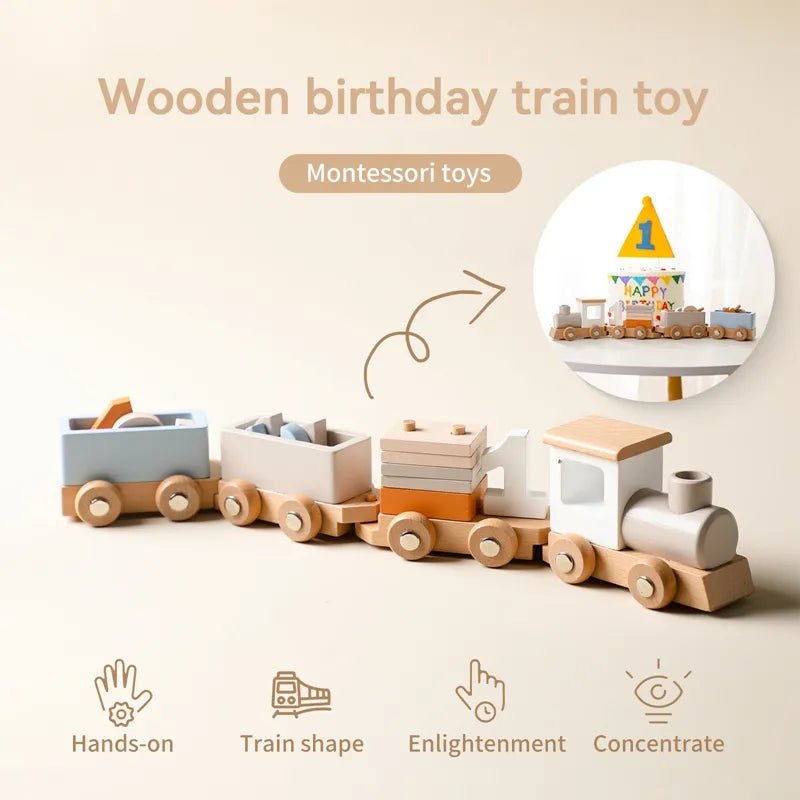 Wooden Montessori train and trolley toy shown with a birthday cake and number one topper for first birthdays.