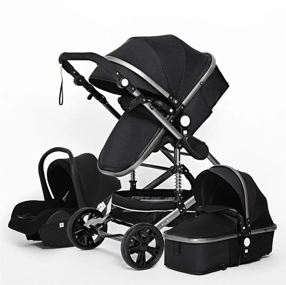 Black 3-in-1 baby stroller set with car seat and bassinet in convertible high landscape mode.