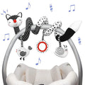 Baby crib mobile with cat-themed hanging toys.