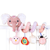 Pink elephant crib toy with hanging elements.