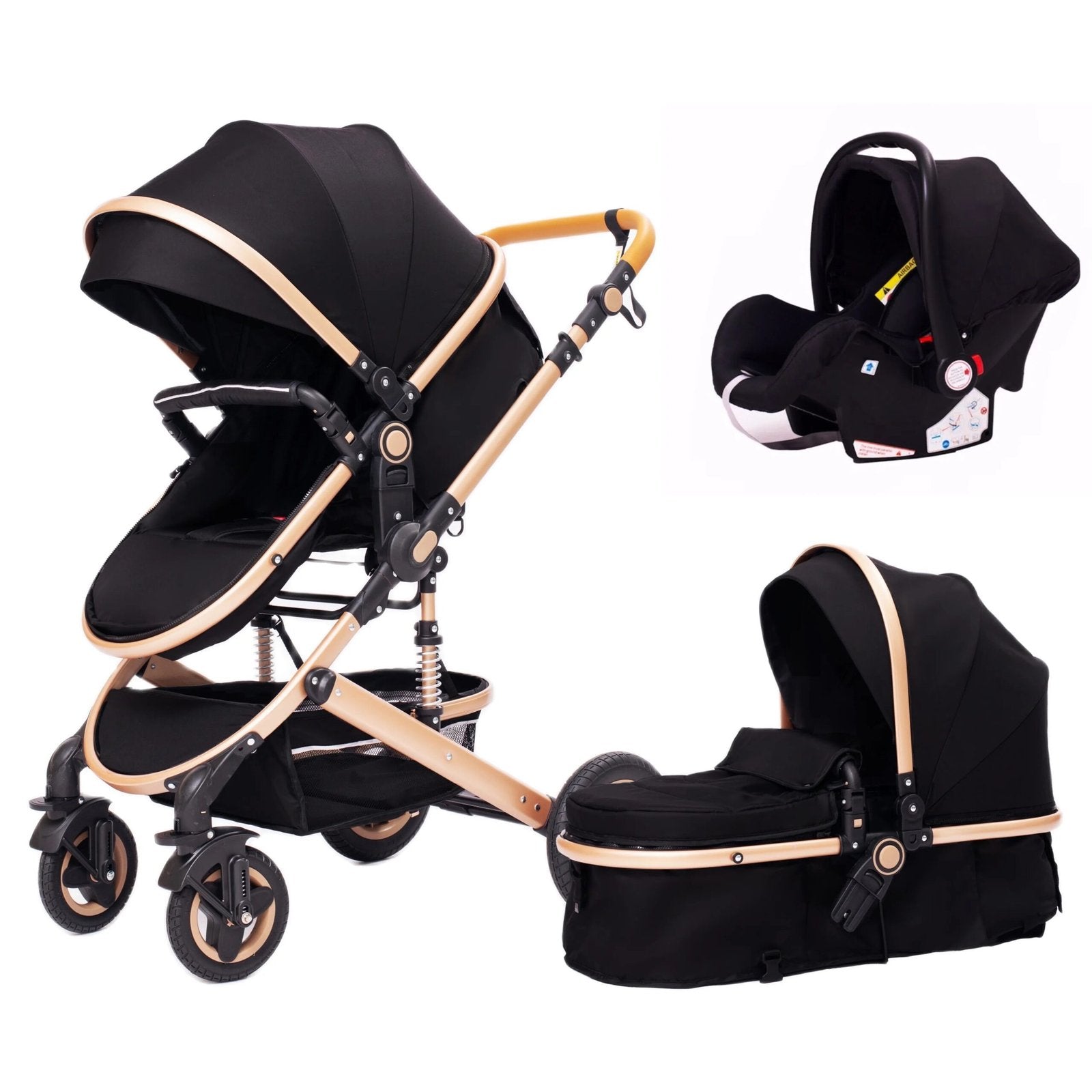 Black baby stroller and car seat set with canopy for luxury travel pram use.