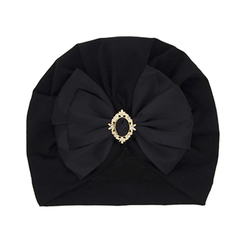 Shiny Rhinestone Bowknot Baby Turban in black with brooch detail for elegant occasion dressing.