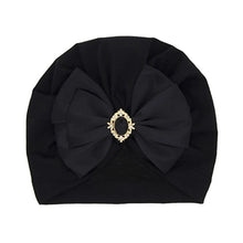Shiny Rhinestone Bowknot Baby Turban in black with brooch detail for elegant occasion dressing.