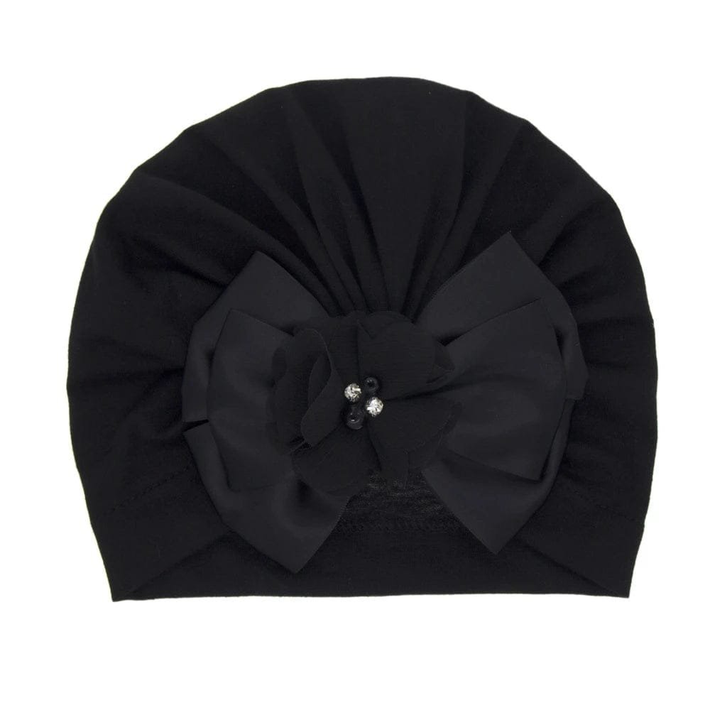 Shiny Rhinestone Bowknot Baby Turban in black with decorative elements for evening event styling.