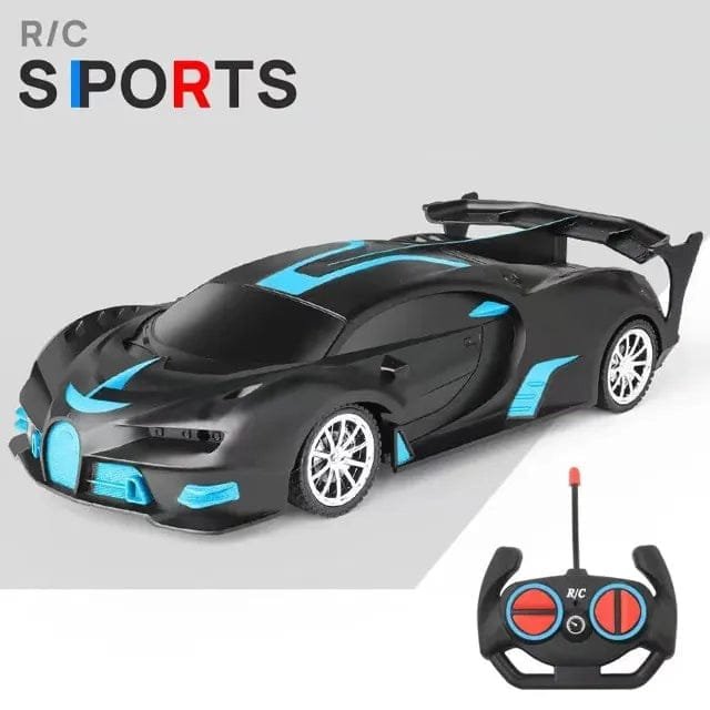 Black and blue RC drift sports car with LED lights for competitive remote control racing.
