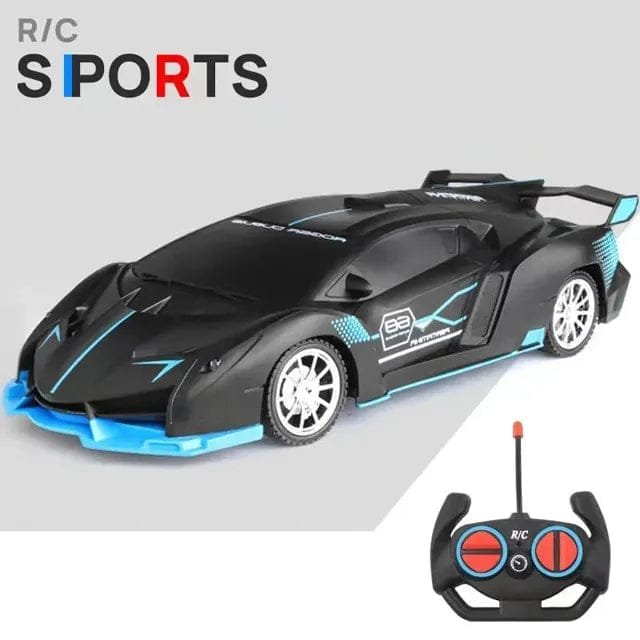 Black and blue RC racing car with LED lights for drift practice and competitive remote control play.