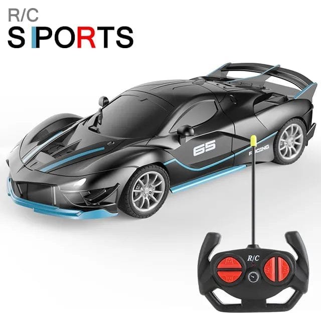 Black and blue RC sports drift car with remote for LED racing and indoor track play.
