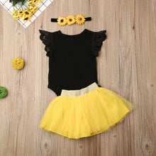 Black bodysuit with yellow tutu skirt and matching headband for baby girl birthday photoshoots and parties.