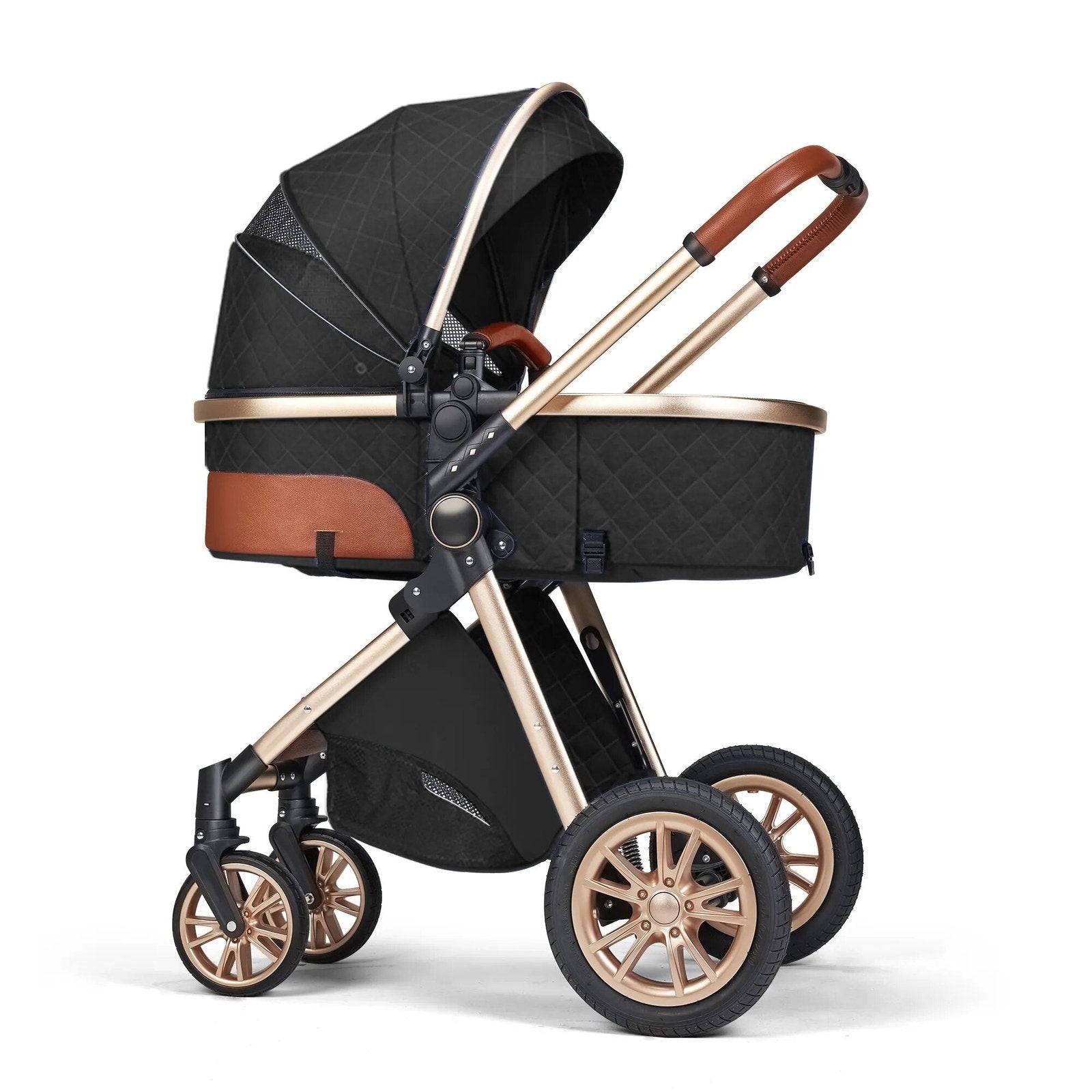 Black and bronze 3-in-1 baby stroller with brown accent trim for travel and everyday use.