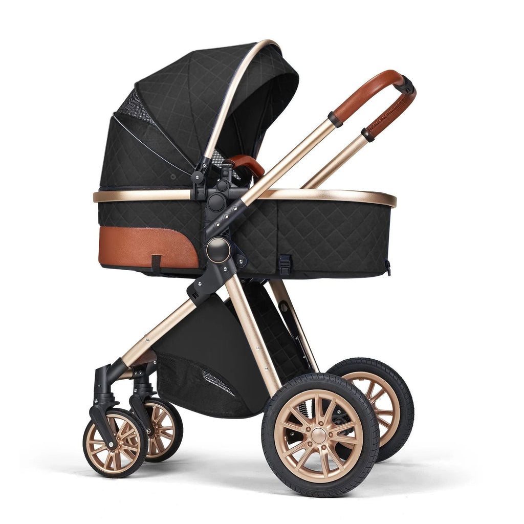 Black and bronze 3-in-1 baby stroller with safety harness detail for secure baby rides.