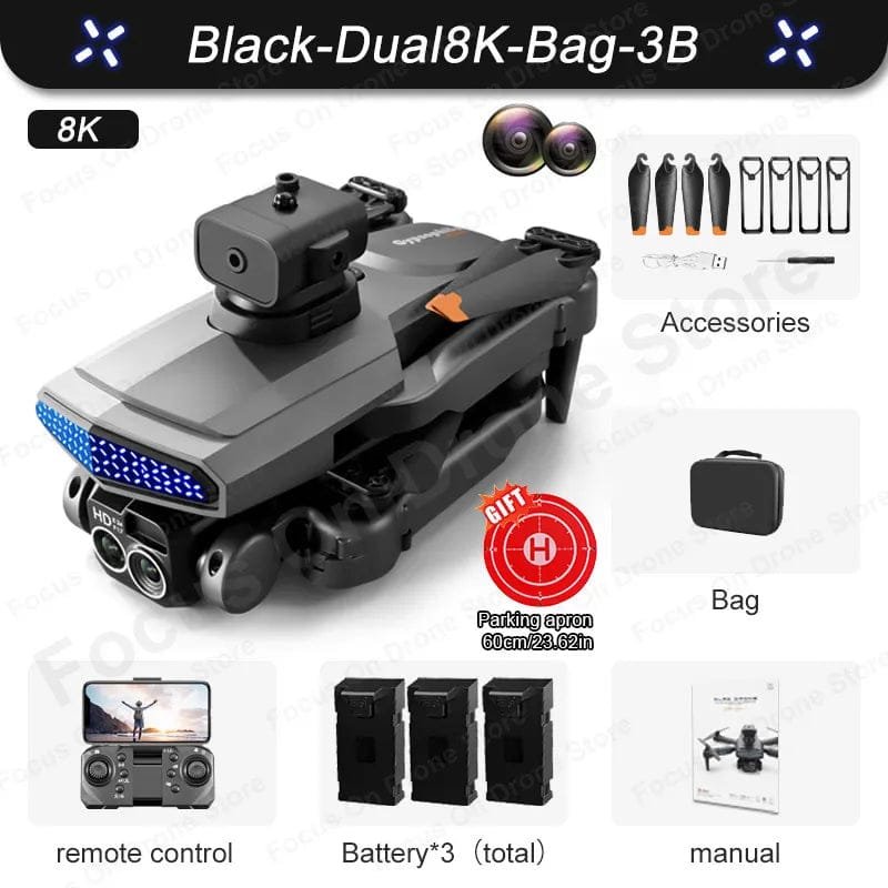 Black D6 dual 8K drone with carry bag accessory package for travel filming and holiday aerial shots.