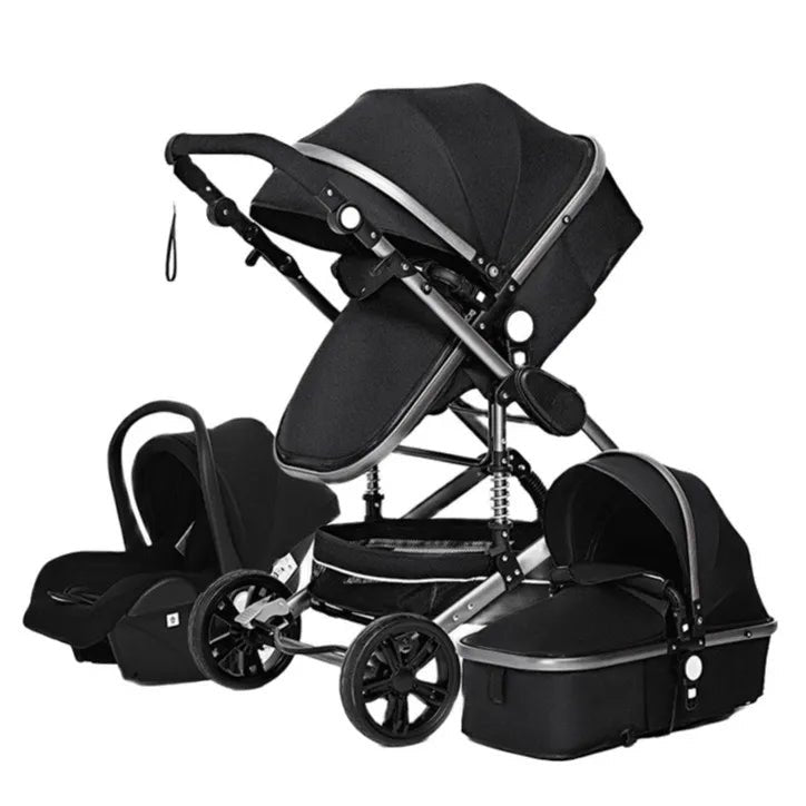 Black deluxe 3-in-1 baby stroller in a compact pram design with car seat and bassinet.