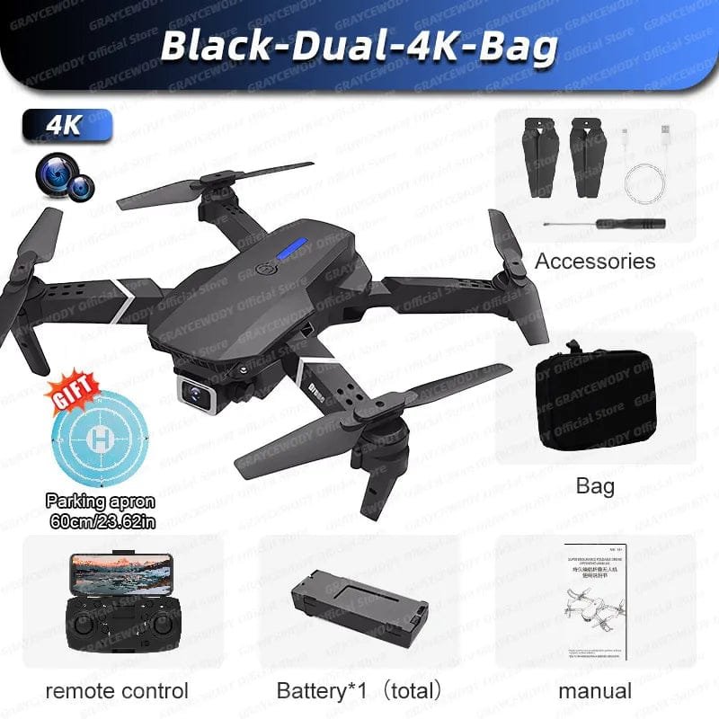 Black dual camera E88 Pro drone bundle presented for gifting to kids, teens, and first-time drone pilots.