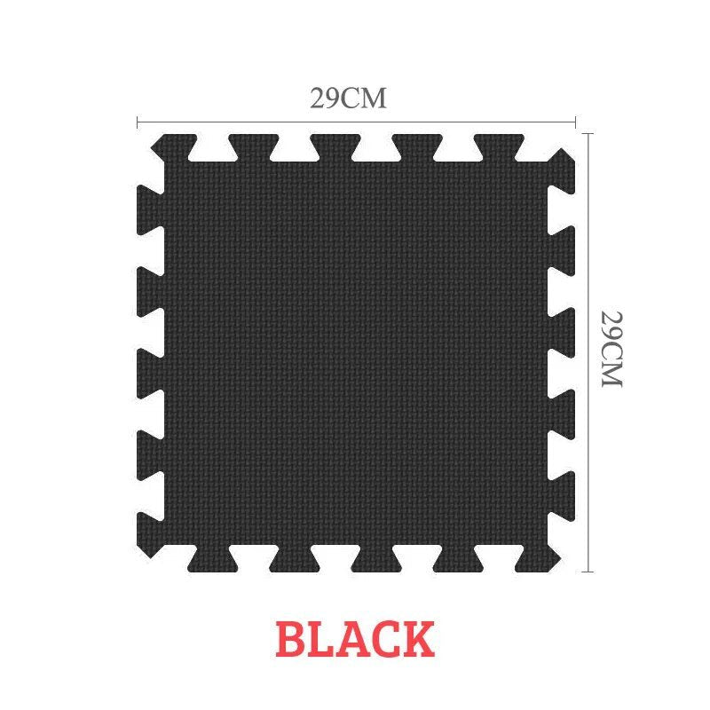 Black EVA foam puzzle mat tile with dimensions shown for choosing the right play mat size.