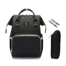 Black maternity nursing diaper backpack with gold accents and pouch, a smart travel bag for baby essentials and daily errands.