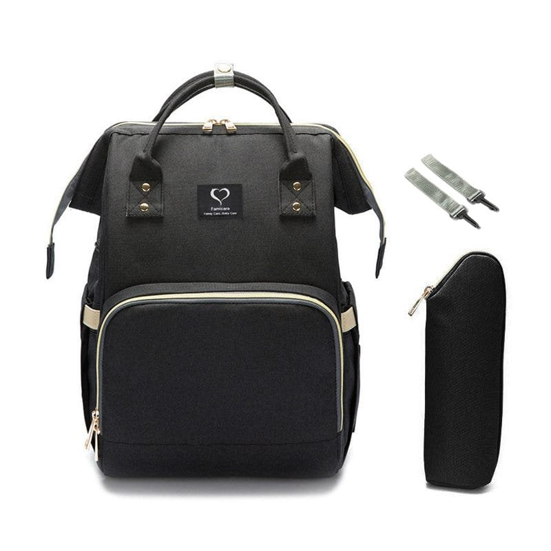 Black maternity nursing diaper backpack with gold accents and pouch, a smart travel bag for baby essentials and daily errands.