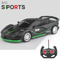 Black and green RC drift car with 2.4GHz remote and LED lights for fast racing and gifting.