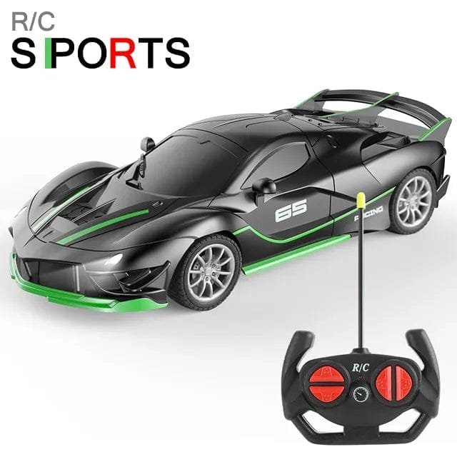 Black and green RC racing drift car with LED lights and remote for outdoor high-speed play.