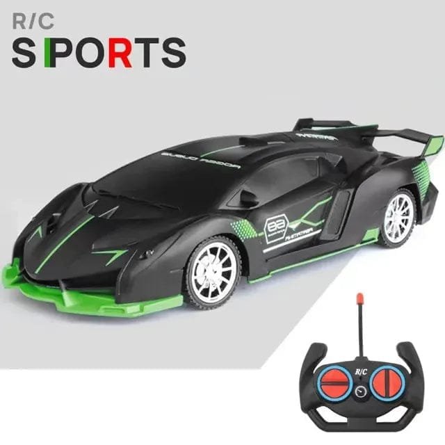 Black and green RC sports drift car with LED lights for high-speed play and racing practice.