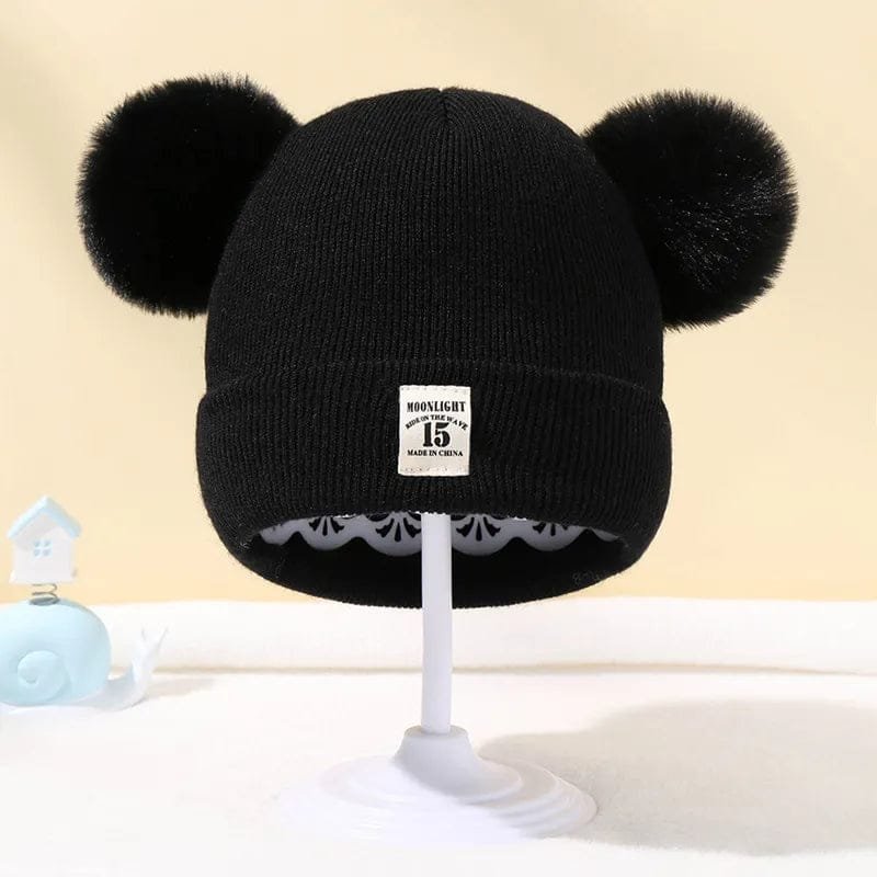 Black Warm Knitted Baby Beanie with two pom poms for warm winter dressing and cosy stroller outings.