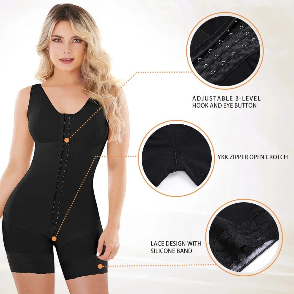 Black postpartum BBL shapewear bodysuit with feature highlights for steel boned slimming support.