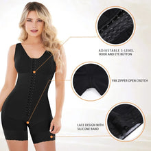 Black postpartum BBL shapewear bodysuit with feature highlights for steel boned slimming support.