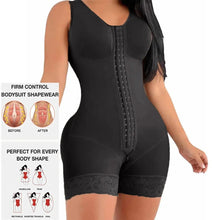 Black postpartum BBL bodysuit shapewear shown with before and after results for body slimming wear.