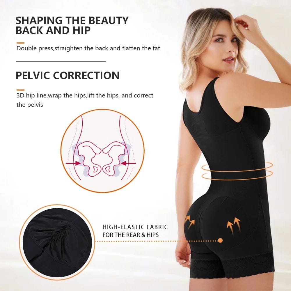 Woman wearing a black postpartum BBL bodysuit with diagrams explaining slimming corset support zones.