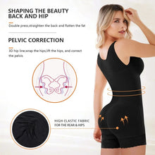 Woman wearing a black postpartum BBL bodysuit with diagrams explaining slimming corset support zones.