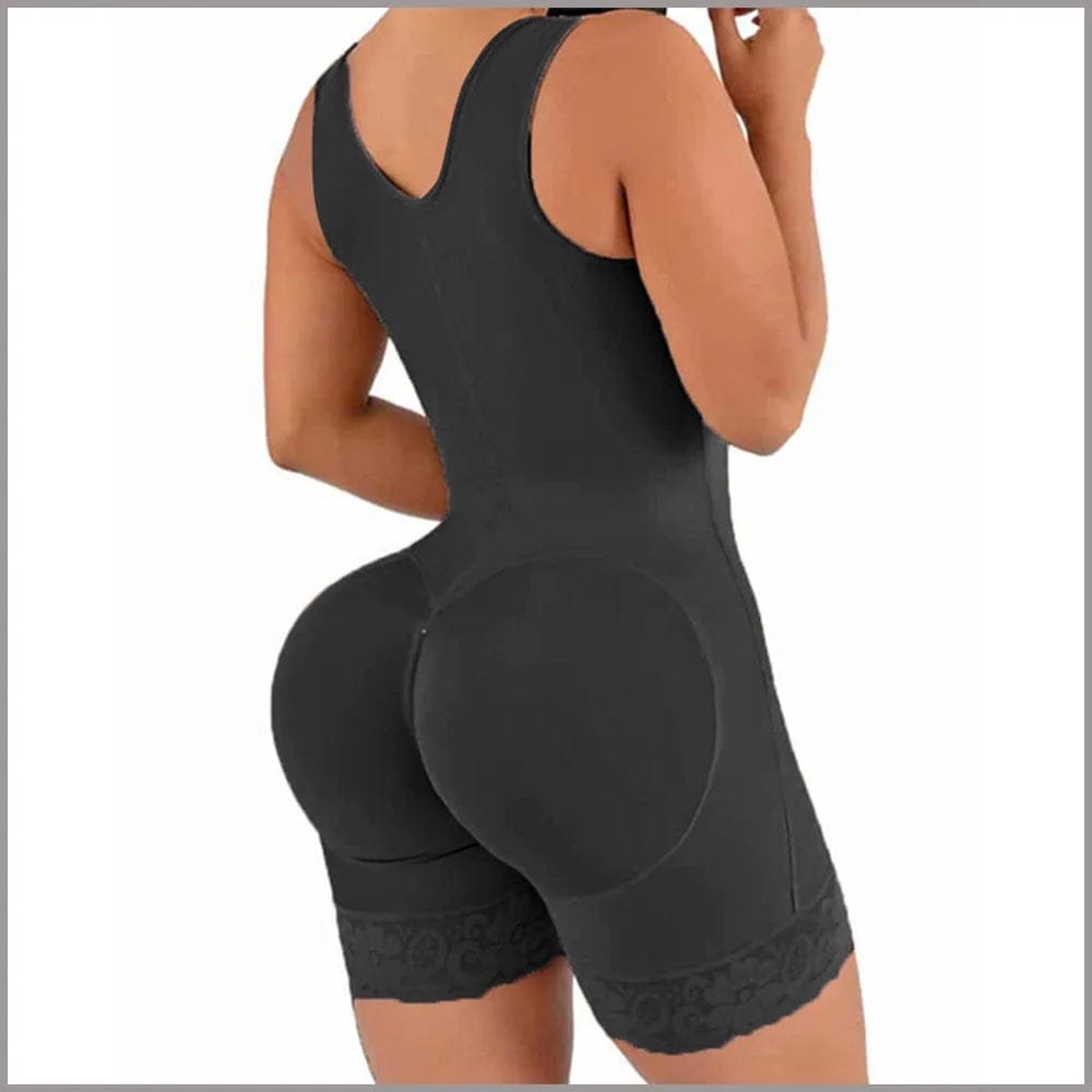 Black postpartum BBL shapewear bodysuit worn on the body to show fit for daily slimming support.