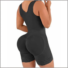 Black postpartum BBL shapewear bodysuit worn on the body to show fit for daily slimming support.