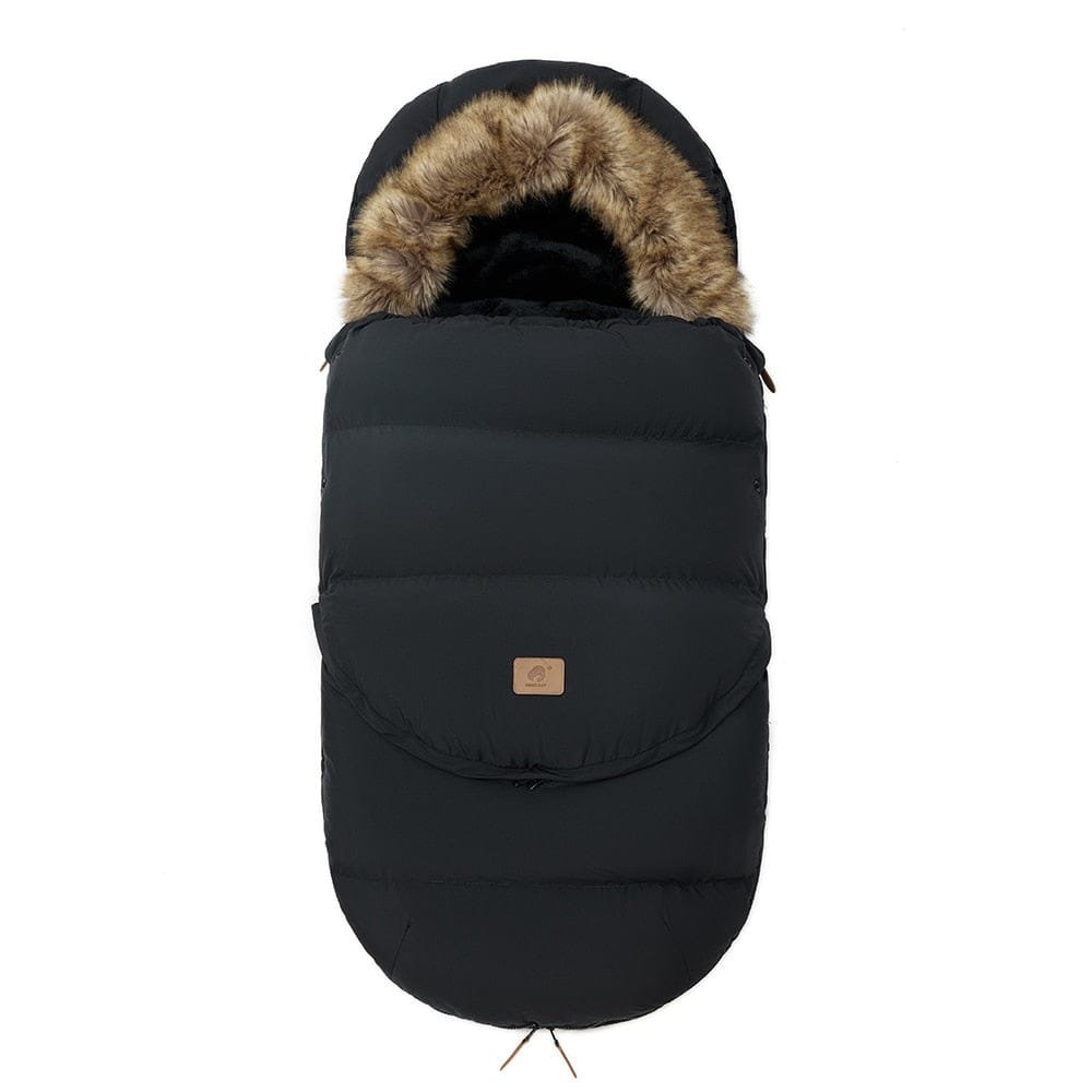 Black puffer baby stroller bunting bag, a quilted winter sleeping bag for cold-weather pram walks and school runs.