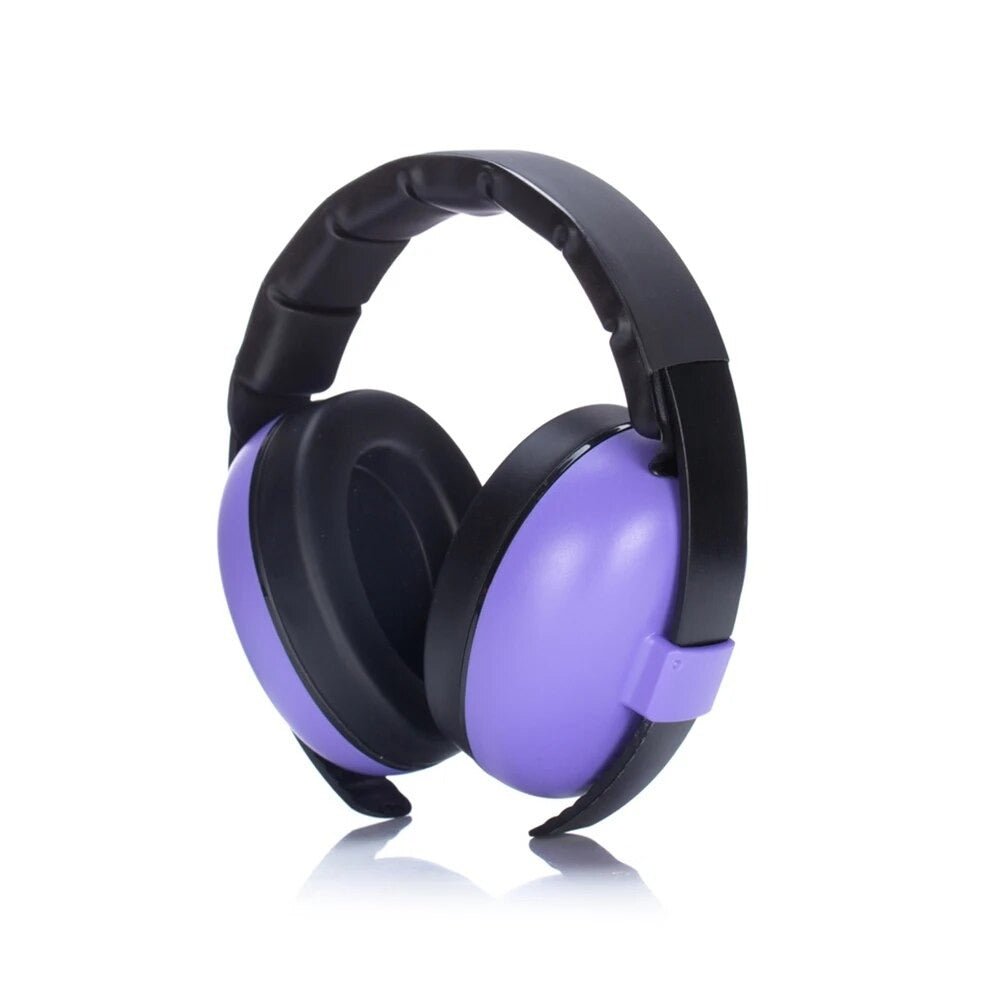 Black and purple infant noise-reducing earmuffs offering a comfortable fit for daily use.