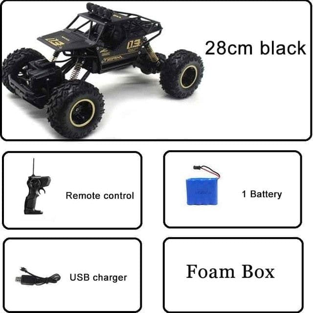 Black RC off-road car complete play bundle with accessories, ready for driveway racing straight after unboxing.