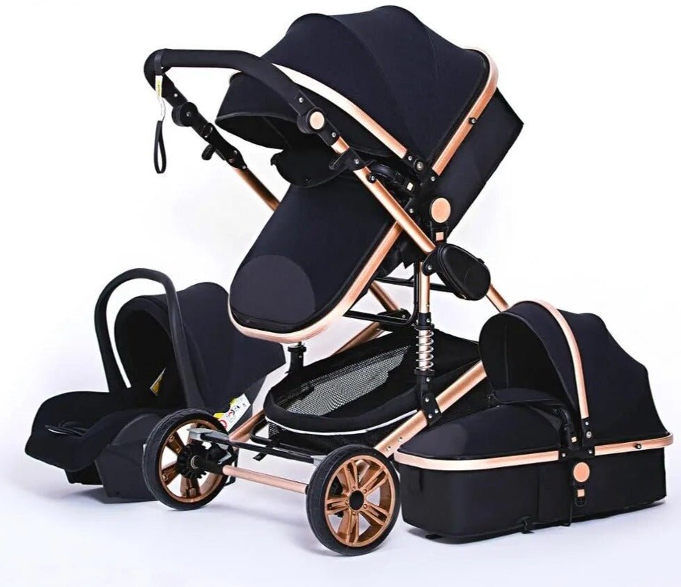 Black and rose gold 3-in-1 baby stroller with canopy for stylish outings and travel.