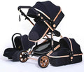 Black and rose gold 3-in-1 baby stroller with canopy for stylish outings and travel.