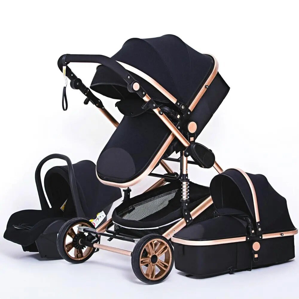 Black and rose gold 3-in-1 baby stroller carriage set for luxury daily outings.